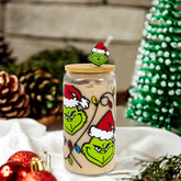 Dyatgerttide Christmas glass can cup with lid and straw for festive beverages.