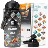 DYSANKY National Parks bottle with 63 stickers for hikers and campers.