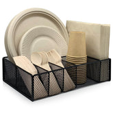 DysanVica metal paper plate holder with six compartments keeps counter organized.