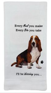 E&S Imports Basset Hound kitchen towel front view shows durable 100% cotton and absorbent fabric.
