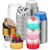 Eaasty aluminum cupcake cups with lids in black-gold color, ideal for secure baking and easy transport.