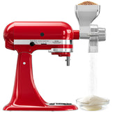 Eascandy metal grain mill attachment on KitchenAid enables adjustable grind for fresh flour.