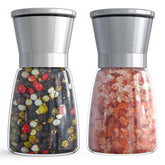 Ebaco salt and pepper grinder set features glass body for easy refilling.