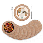 Eco Crave Jute Placemats round with heat-protection for hot dishes on rustic tabletops.
