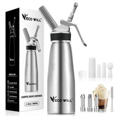 ECO-WILL professional whipped cream dispenser bottle side view showing the aluminum body for cafe-quality toppings.