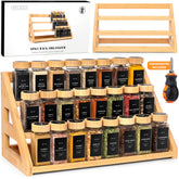 Edelhaus 3-tier bamboo spice rack keeps jars visible for quick seasoning.