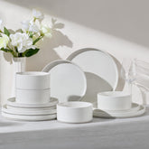 E-far 12-piece plates and bowls set on a dining table for family meals.