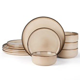 E-far 12-piece plates and bowls set on table, durable stoneware for everyday meals.