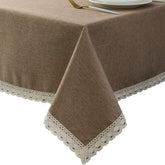 EHouseHome faux linen tablecloth with lace edge adds vintage elegance to dining setup