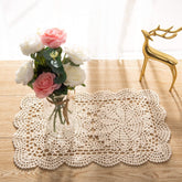 Eiyye handmade rectangle doilies in beige flatlay showing crochet texture for stylish tabletops.