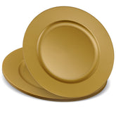 ELEGANT DISPOSABLES 13-inch gold charger plate on table for upscale settings.