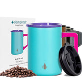 Elemental Summit mug with blue tie-dye lid keeps beverages hot or cold on the go.