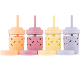 Elk and Friends 8oz glass mason jar with sleeve for kid-friendly grip and drop protection.