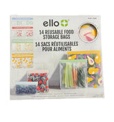 Ello 14-pack reusable produce bags with zipper closure, secure seal for fresh produce.