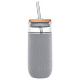 Ello Devon glass tumbler front view with built-in silicone sleeve for non-slip grip.