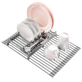 EMIERAI roll-up dish rack over sink showing expanded drying space for dishes