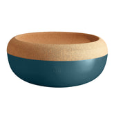 Emile Henry Blue Flame fruit bowl with cork lid keeps fruit fresh on the counter