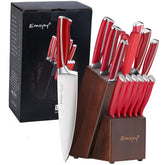 Emojoy 15-piece knife set with wooden block keeps blades organized and protected.
