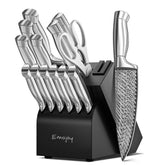 Emojoy 15-piece knife set with built-in sharpener and block for efficient prep.
