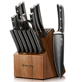Emojoy 17-piece knife set on acacia block for organized, stylish prep.