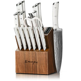 Emojoy 18-piece knife set with wooden block keeps blades neatly organized and accessible.