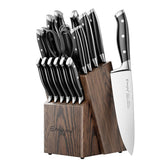 Emojoy 18-piece knife set with wooden block for organized, safe storage.