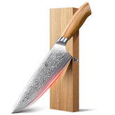 Emojoy Damascus chef knife blade showing 67-layer pattern for precise slicing.