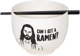 Enesco Our Name is Mud Jesus ramen bowl with built-in chopstick rest for convenient dining.