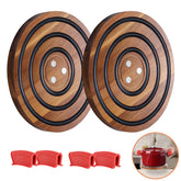 Enlisiwte magnetic trivet on acacia wood provides heat protection for cookware.