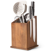 ENOKING acacia wood magnetic knife holder with four panels for secure storage.