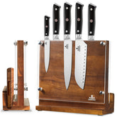 ENOKING magnetic knife block in acacia wood, front view with strong magnet holding knives securely.