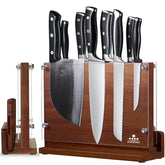 ENOKING magnetic knife block in acacia wood offers secure knife grip.
