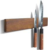 ENOKING magnetic knife strip in acacia wood mounted on wall for easy access to knives