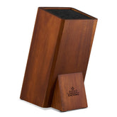 ENOKING universal knife block in acacia wood on counter organizes blades and protects edges.