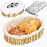Eosify bread warmer basket with stone keeps rolls warm at the table.