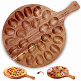 Erwuldor acacia wood deviled egg platter with 24 holes for elegant, organized servings.