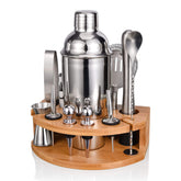 Esmula Bartender Kit 25oz shaker on a bamboo stand for elegant home cocktails.