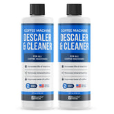Essential Values descaling solution bottle pour demonstrates mineral buildup removal in coffee makers.