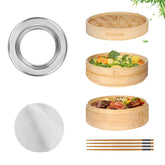 Essovee bamboo steamer 2-tier for dumplings and vegetables, preserves texture and aroma.