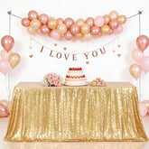 Eternal Beauty gold tablecloth sequin closeup highlighting dense 3 mm sequins for luxe sparkle.