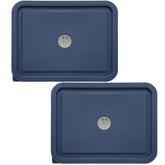 EuChoiz Pyrex lid in dark blue on 6-cup rectangle bowl, shows flexible silicone seal