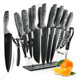 EUNA knife block set displayed in clear acrylic for organized kitchen storage.