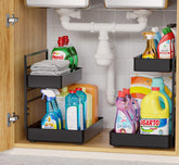EVERIE height-adjustable 2-tier under-sink shelf with snap-on tray for efficient organization.