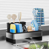 Ewaiira stainless steel sink caddy assembly keeps utensils organized and splash-free.