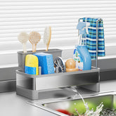 Ewaiira stainless steel sink caddy with a sleek finish organized for sponges and tools
