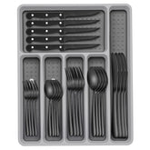 EWFEN 49-piece black silverware set in a table setting for daily dining elegance.