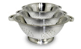 ExcelSteel colander with mirror-polished interior for easy draining and rinsing.