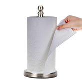 Exilon brushed-nickel paper towel holder with sturdy base keeps towels tidy on the counter.