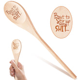 EYEOO wooden spoon closeup engraving showcases bold message for kitchen humor.