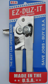 EZ-DUZ-IT can opener white front view highlights durable swing design for steady cans
